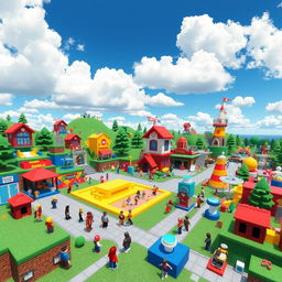 A vibrant and colorful landscape inspired by the Roblox gaming universe, featuring various iconic elements such as blocky terrains, unique customizable characters, and interactive obstacles