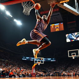 A dynamic action shot of a professional basketball player resembling LeBron James, showcasing incredible athleticism as he soars through the air to make a slam dunk