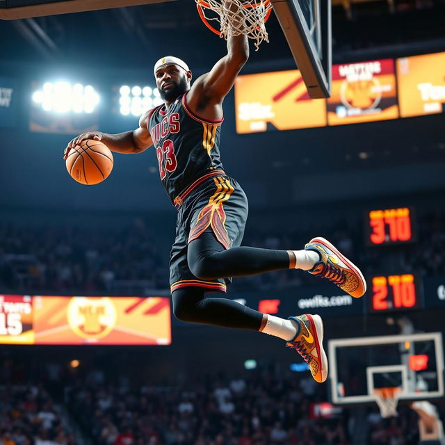 A dynamic action shot of a professional basketball player resembling LeBron James, showcasing incredible athleticism as he soars through the air to make a slam dunk