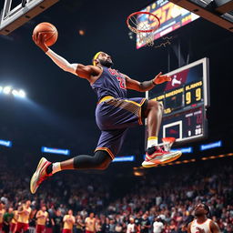 A dynamic action shot of a professional basketball player resembling LeBron James, showcasing incredible athleticism as he soars through the air to make a slam dunk