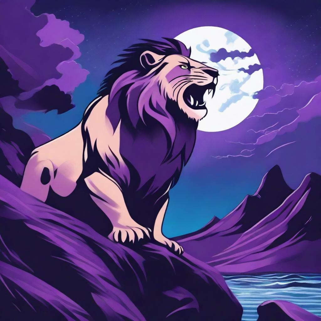 2D image of a roaring lion in tattoo style on a cliff with a backdrop of stormy purple night sky, full moon, gusty wind, crows, a blue waterfall, and rainy weather