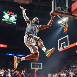 A dynamic action shot of a professional basketball player resembling LeBron James, showcasing incredible athleticism as he soars through the air to make a slam dunk