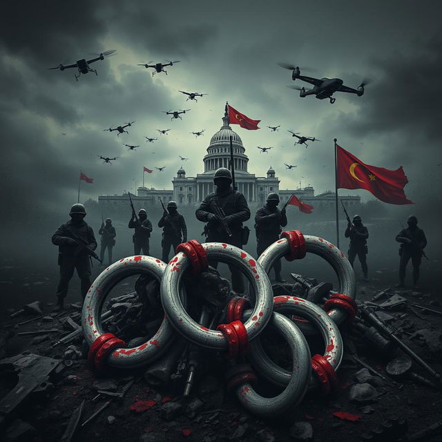 A powerful symbolic representation of necropolitics, illustrating the complex interplay of state power and modern slavery in the context of a war on terrorism