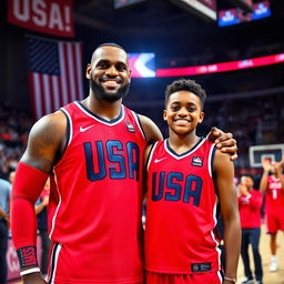 A heartwarming scene of LeBron James and Bronny James standing side by side, both wearing vibrant Team USA basketball jerseys