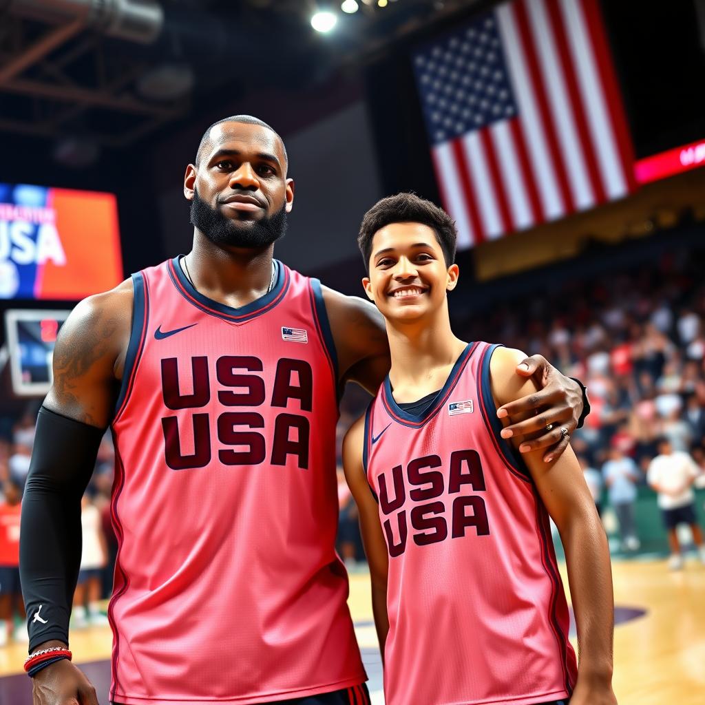 A heartwarming scene of LeBron James and Bronny James standing side by side, both wearing vibrant Team USA basketball jerseys