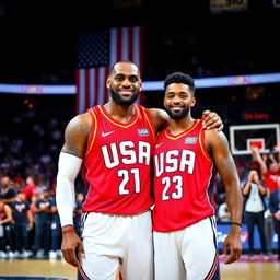 A heartwarming scene of LeBron James and Bronny James standing side by side, both wearing vibrant Team USA basketball jerseys