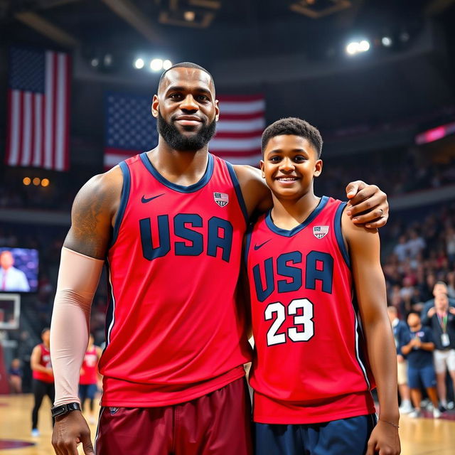 A heartwarming scene of LeBron James and Bronny James standing side by side, both wearing vibrant Team USA basketball jerseys