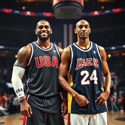 A powerful and nostalgic image of LeBron James and Kobe Bryant standing together, both wearing iconic Team USA basketball jerseys