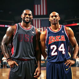 A powerful and nostalgic image of LeBron James and Kobe Bryant standing together, both wearing iconic Team USA basketball jerseys
