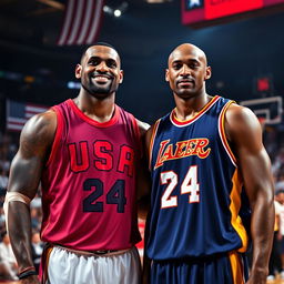 A powerful and nostalgic image of LeBron James and Kobe Bryant standing together, both wearing iconic Team USA basketball jerseys