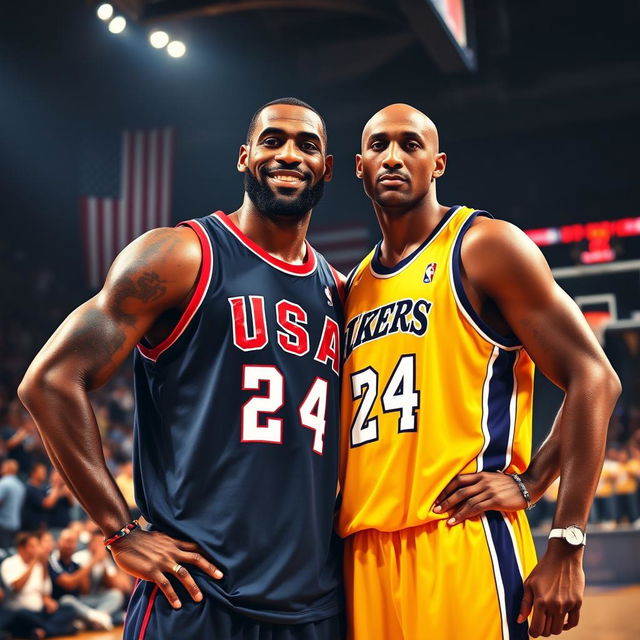 A powerful and nostalgic image of LeBron James and Kobe Bryant standing together, both wearing iconic Team USA basketball jerseys