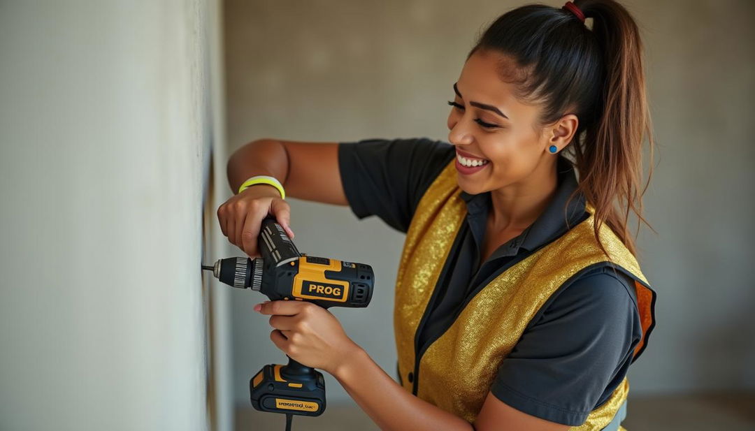 A cheerful female worker wearing a shiny gold and black vest with the word 'PROG' on it