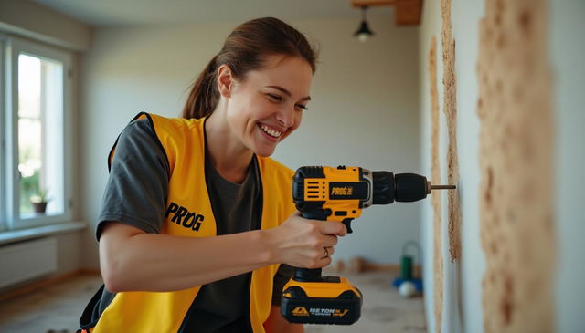 A smiling female worker wearing a yellow and black work vest with 'PROG' prominently displayed on it, actively drilling into a wall with a golden and black power drill labeled 'PROG'