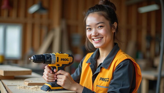 A smiling female worker wearing a golden and black work vest with 'PROG' displayed on it, working in a carpentry shop