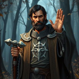 A heroic human cleric character for a DnD setting, approximately 35 years old, standing confidently in a mystical forest