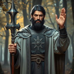 A heroic human cleric character for a DnD setting, approximately 35 years old, standing confidently in a mystical forest