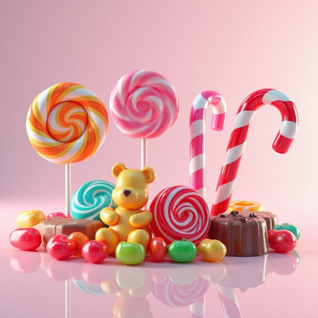 A vibrant and colorful 3D representation of various types of candy arranged artfully on a glossy surface