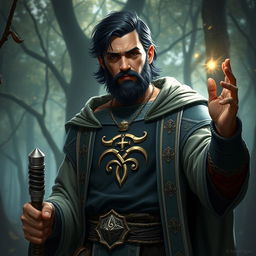 A heroic human cleric character for a DnD setting, approximately 35 years old, standing confidently in a mystical forest