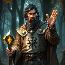 A heroic human cleric character for a DnD setting, approximately 35 years old, standing confidently in a mystical forest
