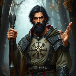 A heroic human cleric character for a DnD setting, approximately 35 years old, standing confidently in a mystical forest