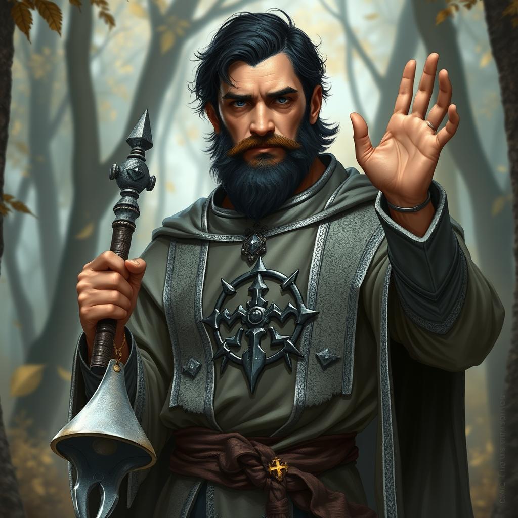 A heroic human cleric character for a DnD setting, approximately 35 years old, standing confidently in a mystical forest