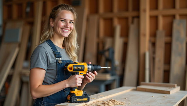 A smiling female carpenter in a woodworking shop, using a golden and black power drill labeled 'PROG' to drill into a piece of wood