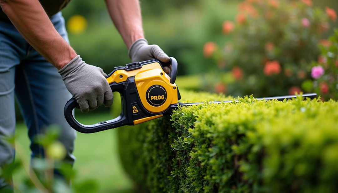 A man cutting a hedge using a golden and black hedge trimmer labeled 'PROG'