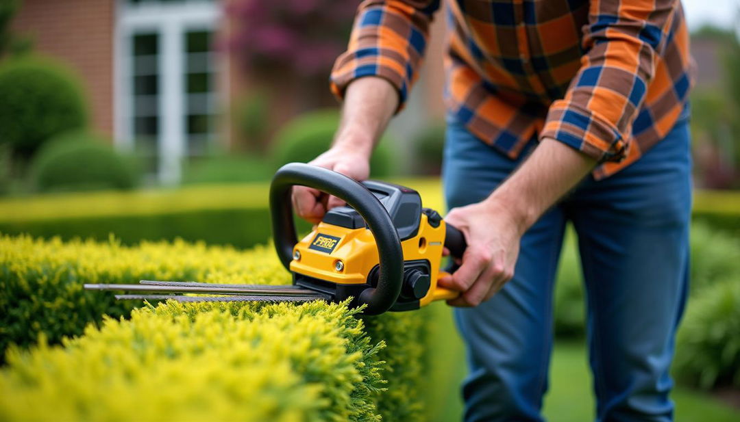 A man wearing a plaid shirt and jeans, skillfully trimming a hedge with a golden and black hedge trimmer labeled 'PROG'