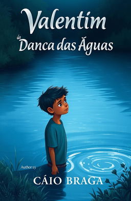 A serene lake scene with deep blue tones and silver reflections on the water, surrounded by dense, slightly magical vegetation hinting at the presence of folklore creatures