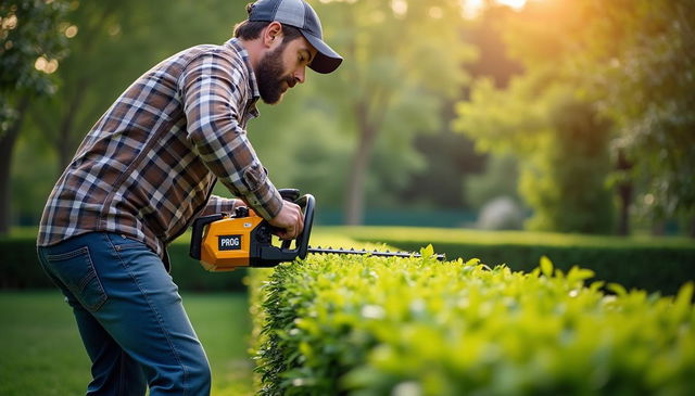 A man wearing a checkered shirt, denim jeans, and a cap, actively trimming a hedge with a golden and black hedge trimmer labeled 'PROG'