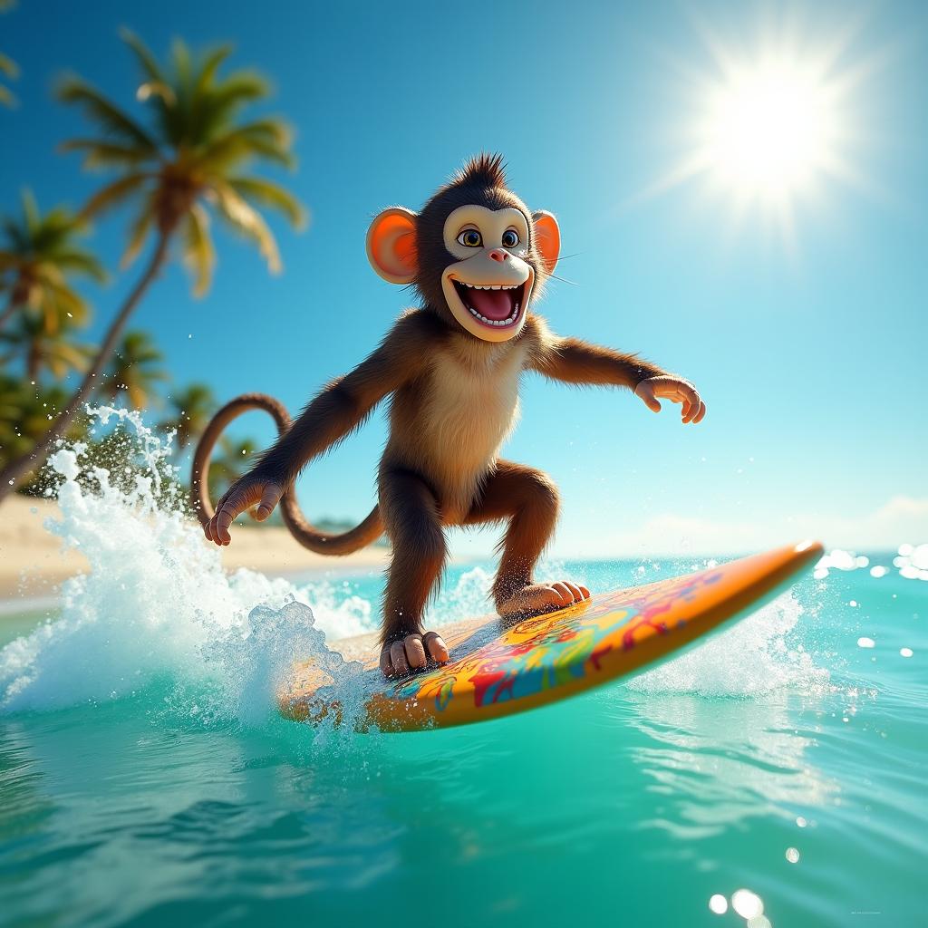 A playful scene featuring a lively monkey riding a vibrant surfboard on a sunny beach