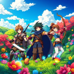 A vibrant and dynamic anime scene showcasing a group of adventurers in a lush fantasy world