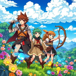 A vibrant and dynamic anime scene showcasing a group of adventurers in a lush fantasy world