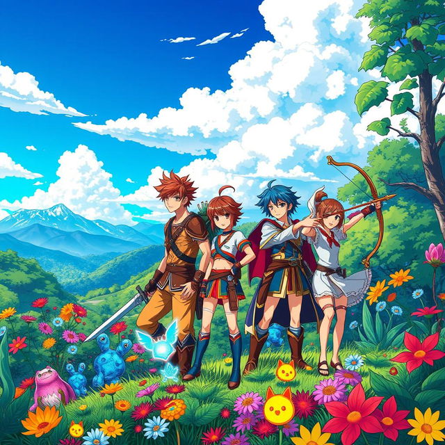 A vibrant and dynamic anime scene showcasing a group of adventurers in a lush fantasy world