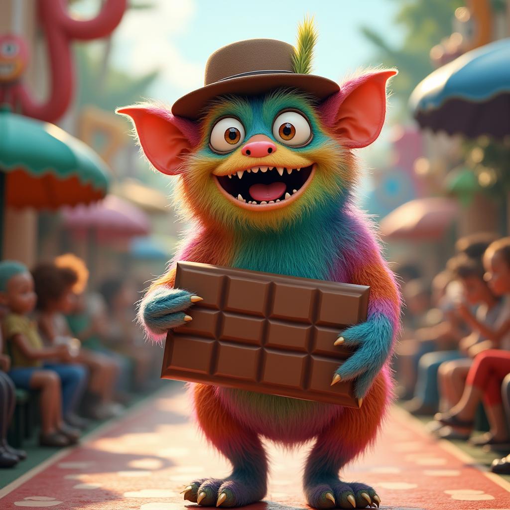 A whimsical and surreal scene featuring a delightful monster that resembles a model, playfully holding a giant chocolate bar while wearing a stylish hat