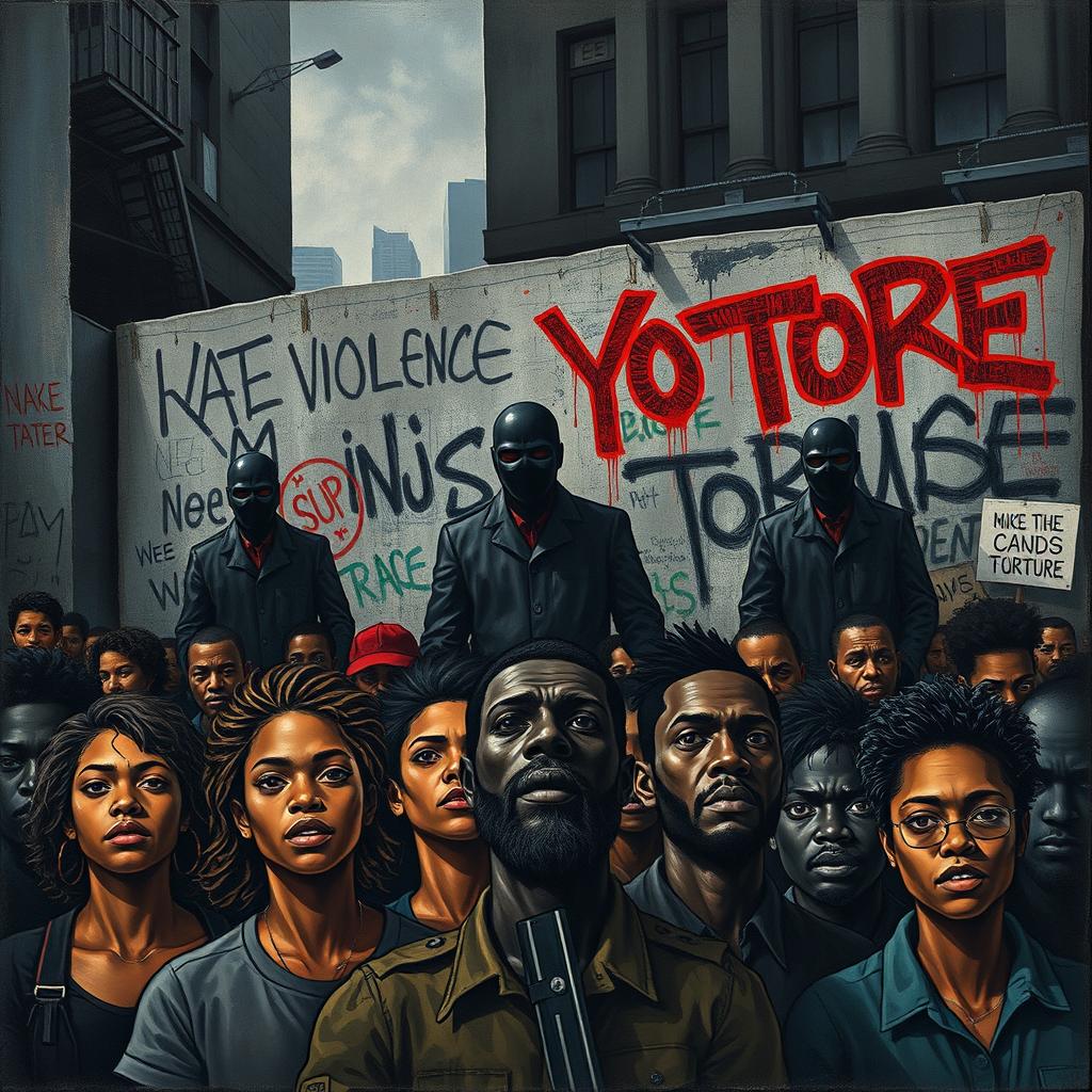 A poignant, thought-provoking artwork depicting the themes of state violence, race, and torture