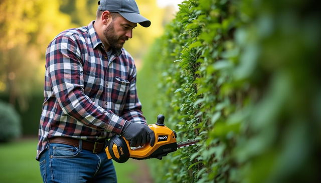 A man wearing a checkered shirt, blue jeans, and a cap, actively trimming a hedge with a golden and black battery-powered hedge trimmer labeled 'PROG'