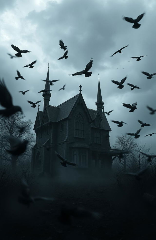 A dark and atmospheric scene depicting a mystical house surrounded by swirling crows and dark, ashy remnants