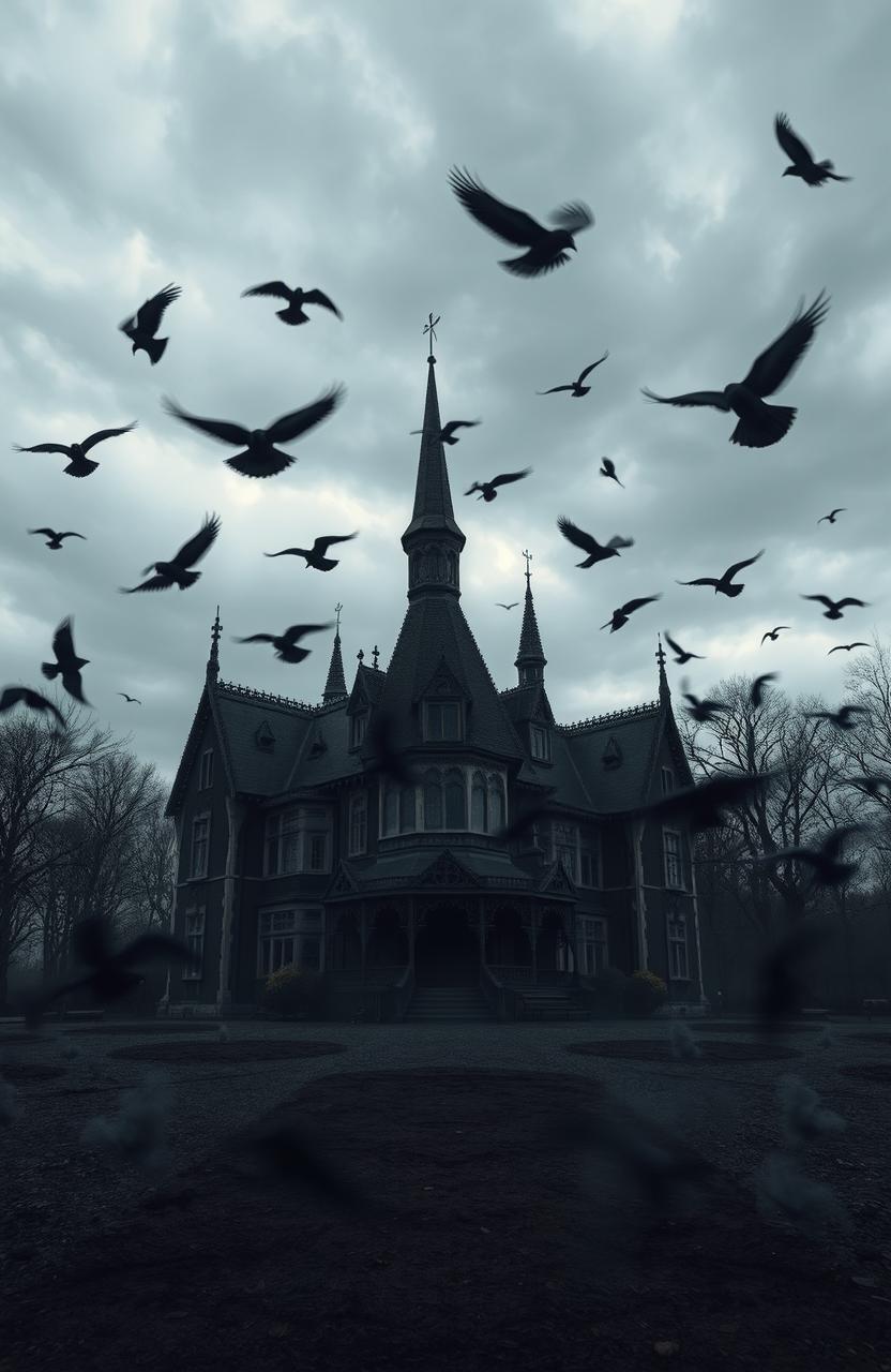 A dark and atmospheric scene depicting a mystical house surrounded by swirling crows and dark, ashy remnants