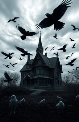 A dark and atmospheric scene depicting a mystical house surrounded by swirling crows and dark, ashy remnants