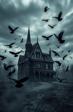 A dark and atmospheric scene depicting a mystical house surrounded by swirling crows and dark, ashy remnants