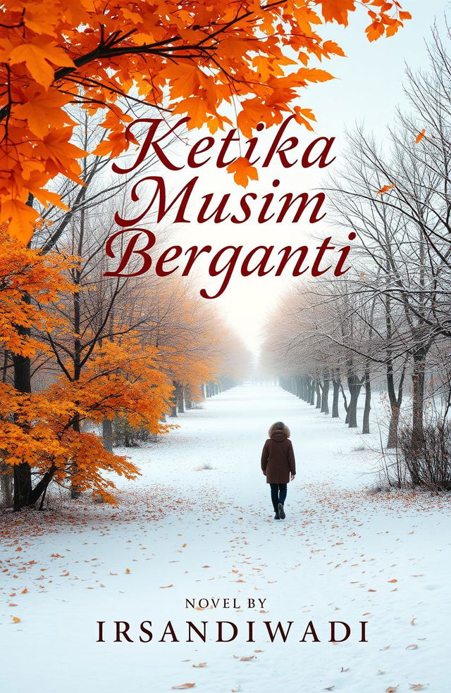 A captivating novel cover design for 'Ketika Musim Berganti' by Irsandiwadi, featuring a serene landscape representing the change of seasons