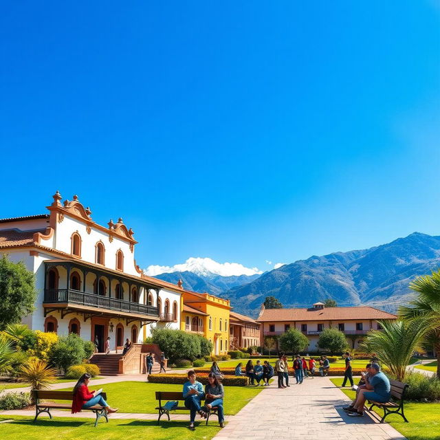 A vibrant and colorful scene depicting the beautiful campus of a graduate school in Puno, Peru