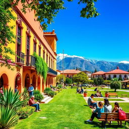 A vibrant and colorful scene depicting the beautiful campus of a graduate school in Puno, Peru