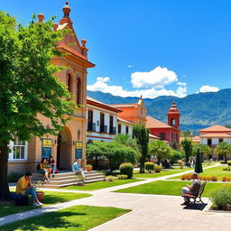 A vibrant and colorful scene depicting the beautiful campus of a graduate school in Puno, Peru
