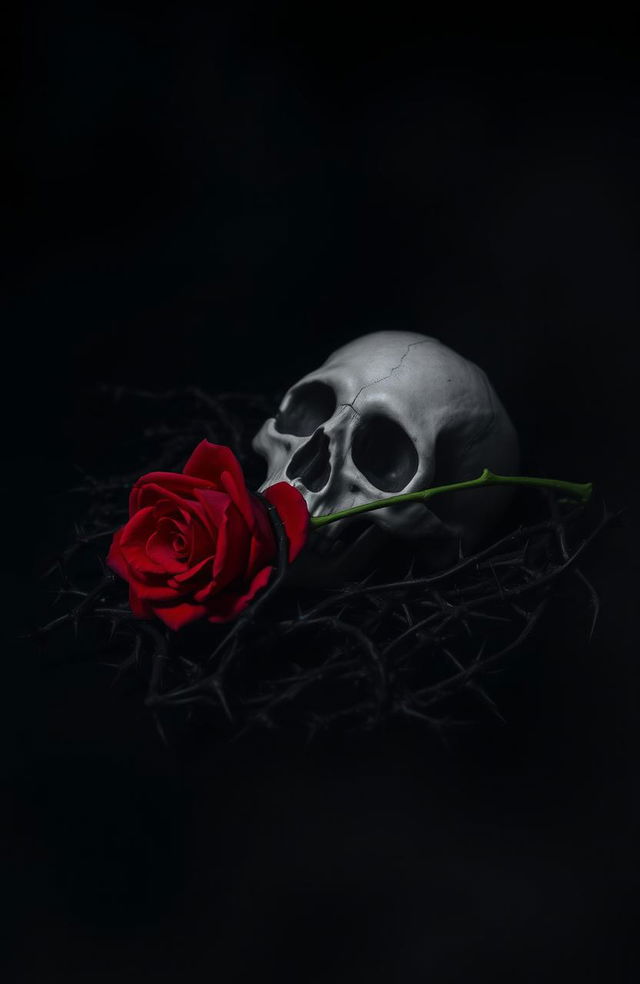 A dark romance scene set in a shadowy environment, featuring a beautifully crafted skull resting on a lush bed of black thorns