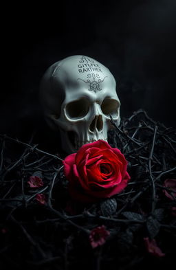 A dark romance scene set in a shadowy environment, featuring a beautifully crafted skull resting on a lush bed of black thorns