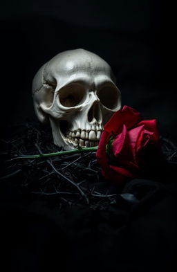 A dark romance scene set in a shadowy environment, featuring a beautifully crafted skull resting on a lush bed of black thorns