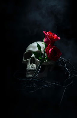 A dark romance scene set in a shadowy environment, featuring a beautifully crafted skull resting on a lush bed of black thorns