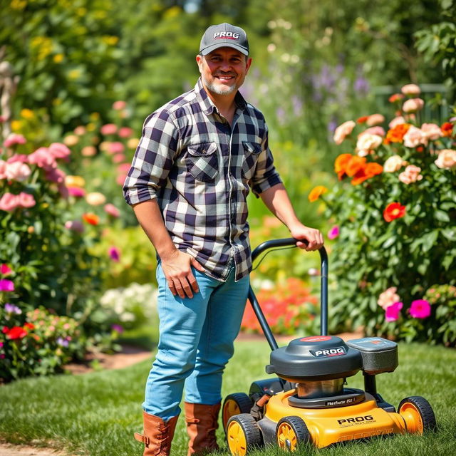 A man wearing a checkered shirt, denim jeans, and boots, topped with a cap that has the word 'PROG' on it